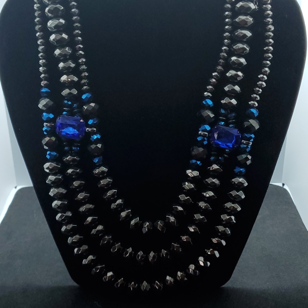 3 strand black blue crystal necklace